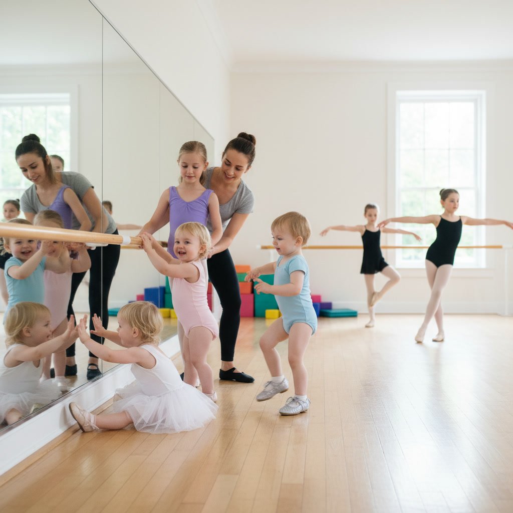 Toddler practicing ballet positions in a dance studio
