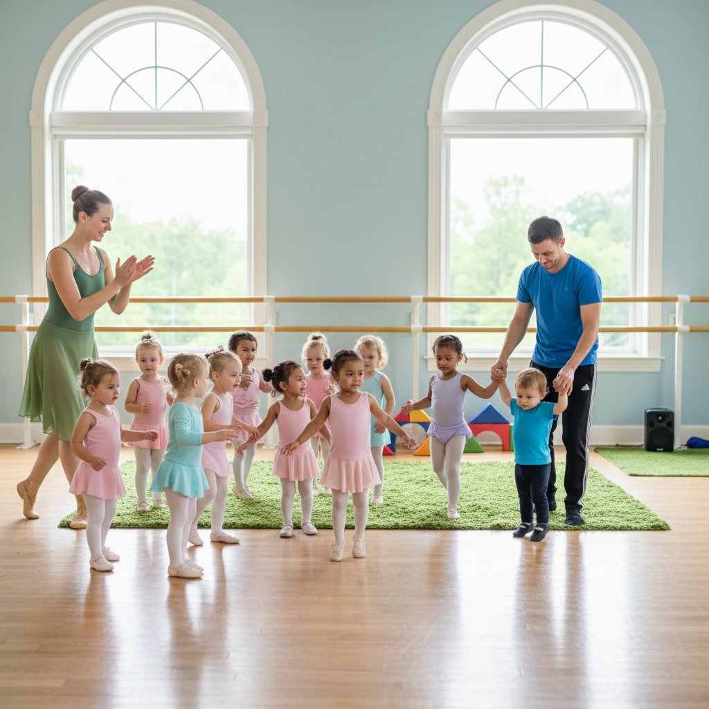 Young children learning tap dance steps with teacher