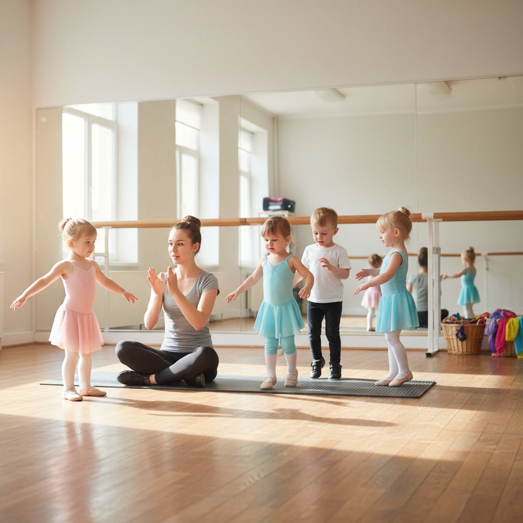 Toddlers in ballet and tap class at dance studio