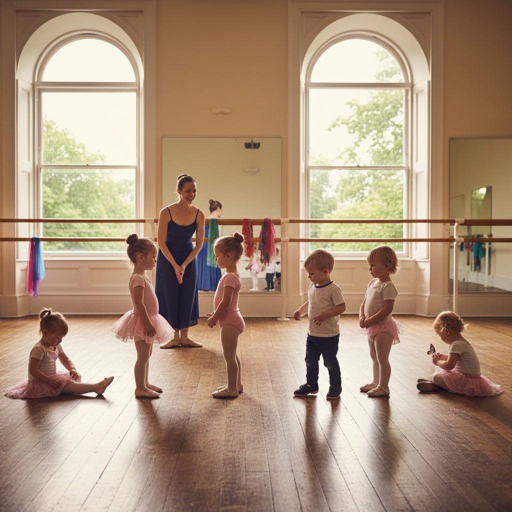 Young child learning tap dance steps with instructor